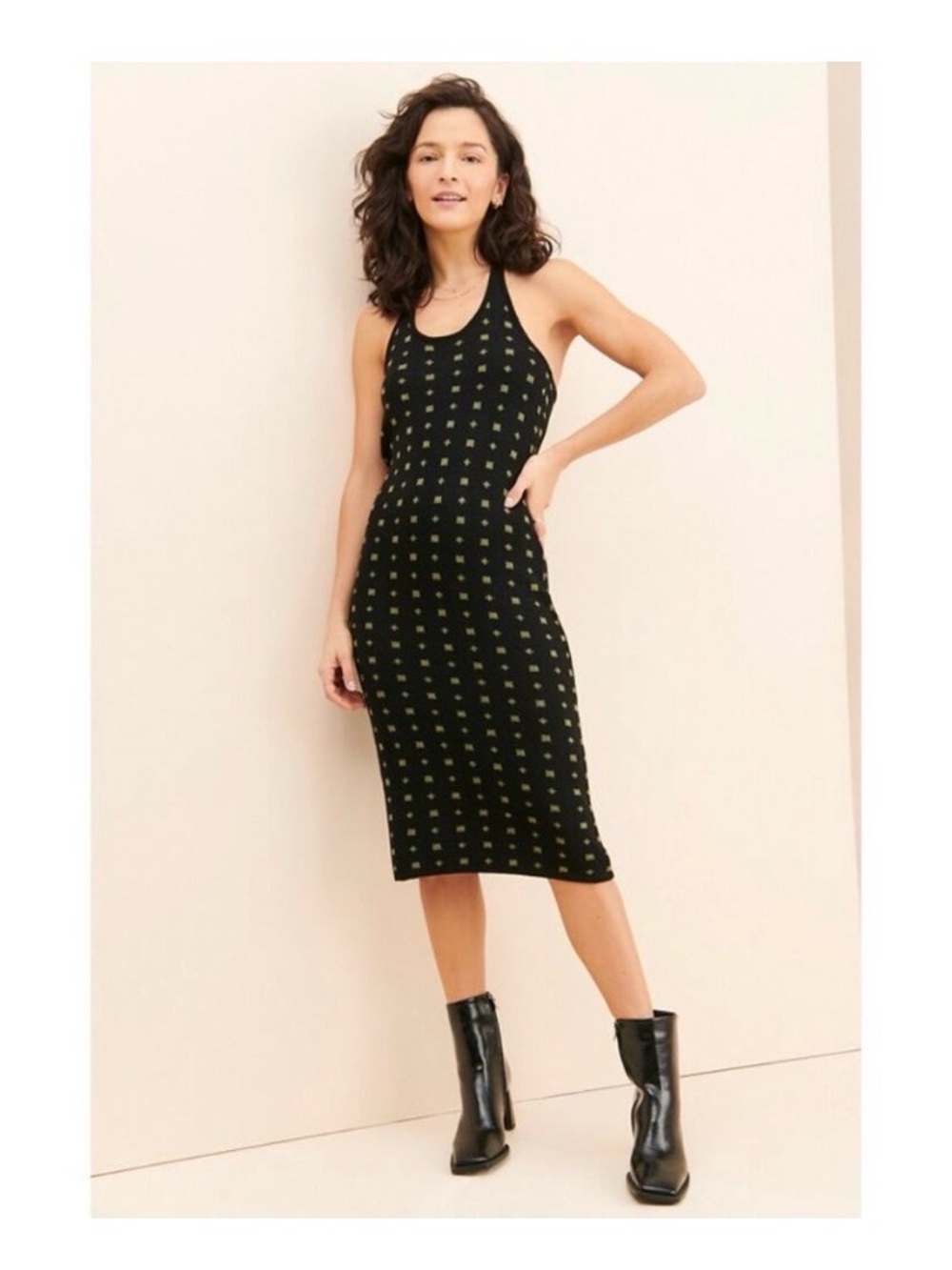 Anthropologie Callahan Knitwear- Strapless Black Midi Dress with Green Dot Print